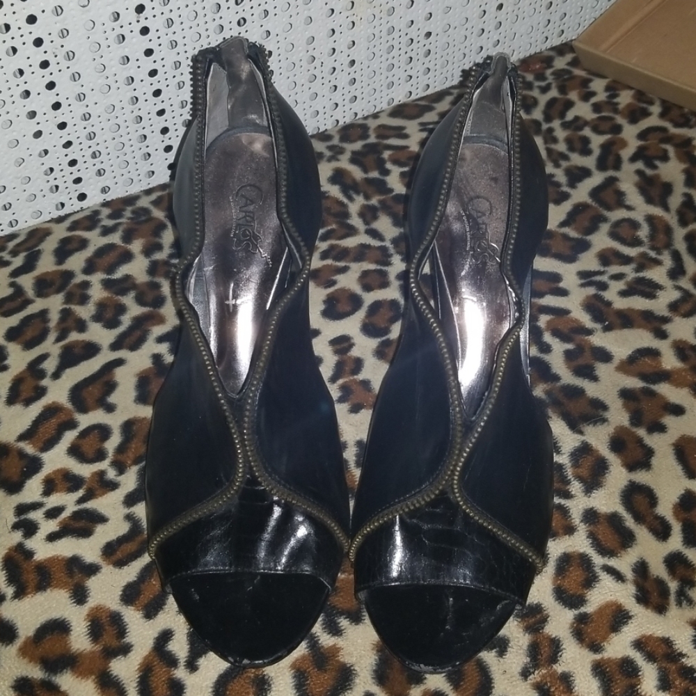 Black leather open toe heels